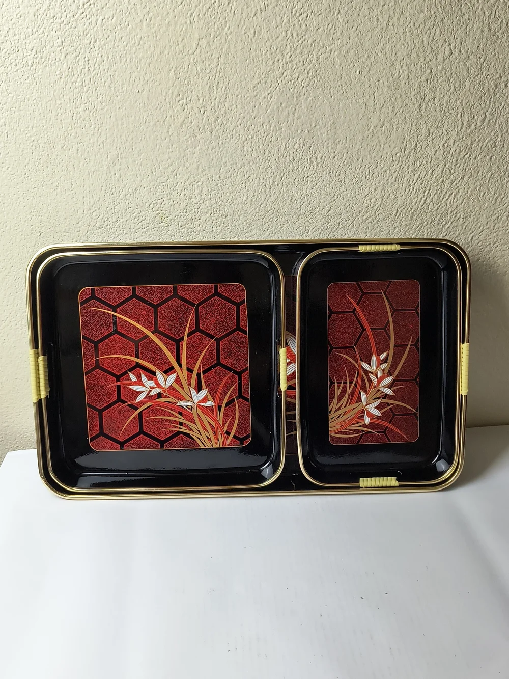 Vintage Himark NISHI GARDEN 3 pc Lacquerware Tray Set Japan 1984